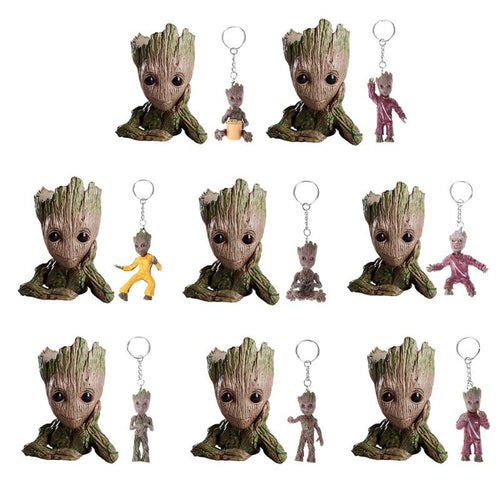 2pcs/set PVC Groot Baby Flowerpot Cute Action Figures Model Toy Pen Pot Holder Hero Model Gifts for Kids+Keychain Pendant Doll