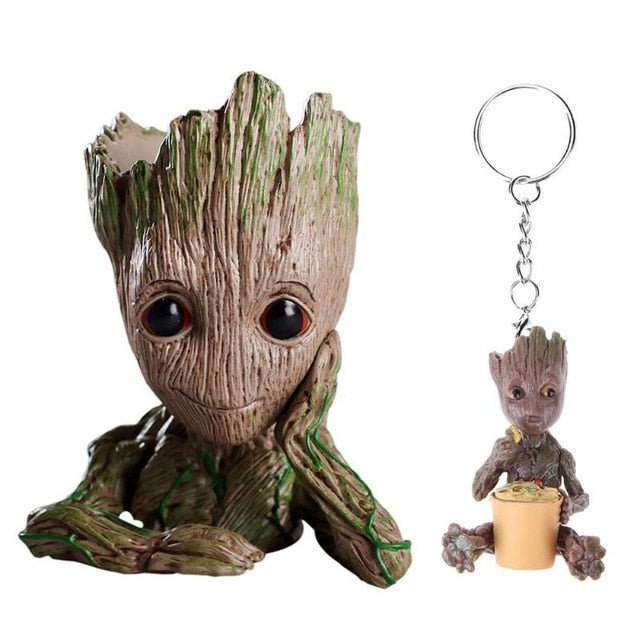 2pcs/set PVC Groot Baby Flowerpot Cute Action Figures Model Toy Pen Pot Holder Hero Model Gifts for Kids+Keychain Pendant Doll